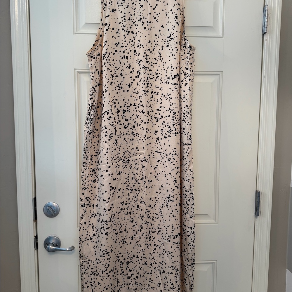 Everlane NWT Satin Razorback slip dress Beige with Black Speckle Print size 14
